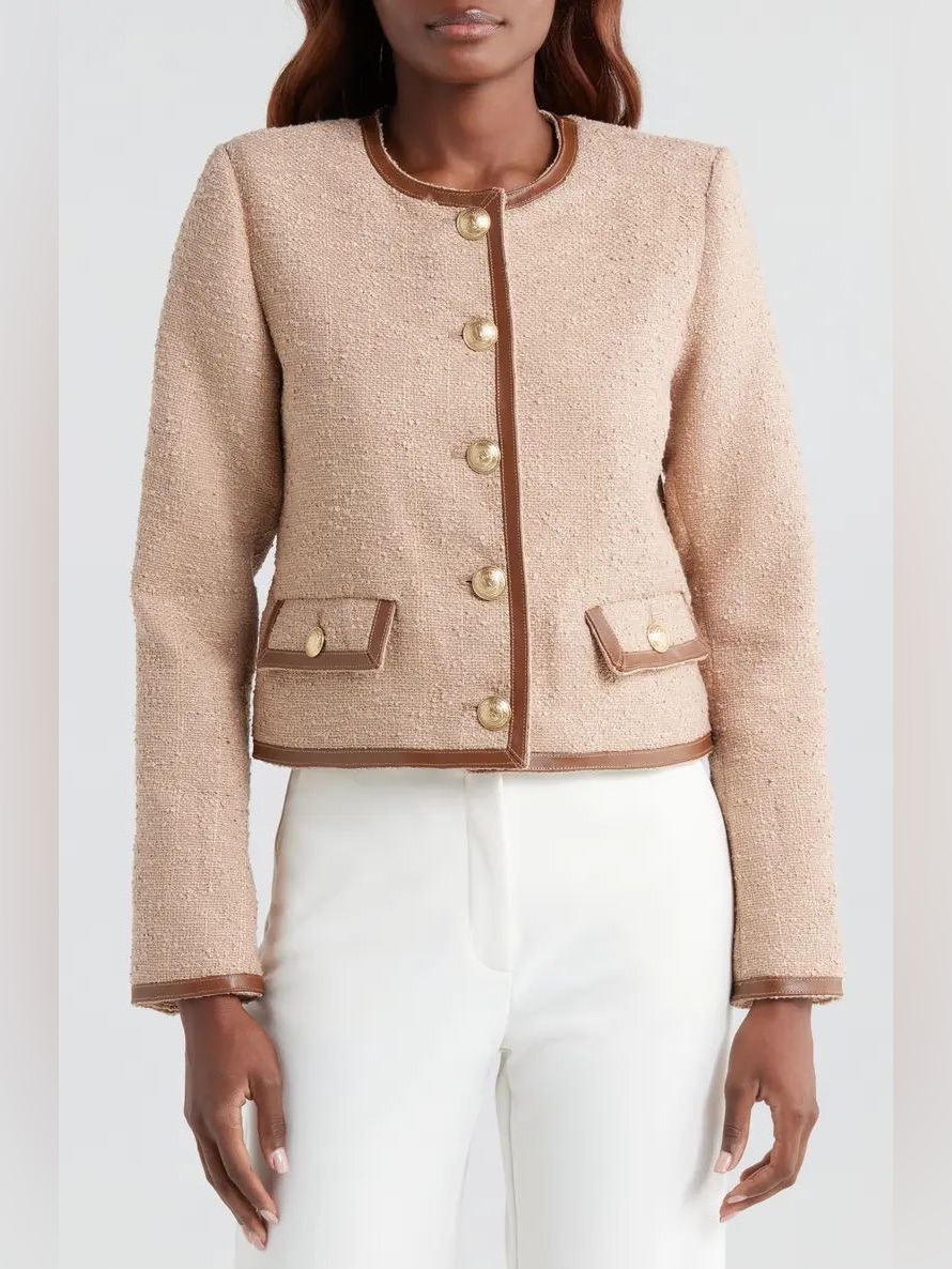 L'agence Cappuccino Tweed Zaya Collarless Jacket Size 6